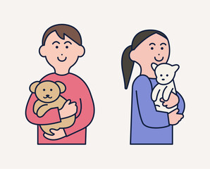 two people are holding their small dogs. outlined cartoon style illustration.