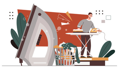 Man ironing concept. Character doing housework and routine. Young guy near ironing board. Housekeeper with daily chores. Cartoon flat vector illustration isolated on white background