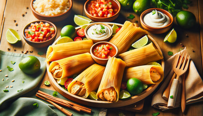 Traditional Mexican tamales served with a selection of salsas and limes on a wooden table... - obrazy, fototapety, plakaty
