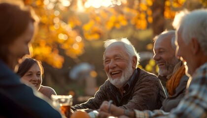 group of old friends laughing having a good time outdoors park fall autumn family get together happy smiles  - obrazy, fototapety, plakaty