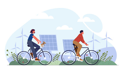 People on bikes outdoor. Man and woman rides at bicycles. Eco friendly transport. Care about nature, ecology and environment. Cartoon flat vector illustration isolated on white background