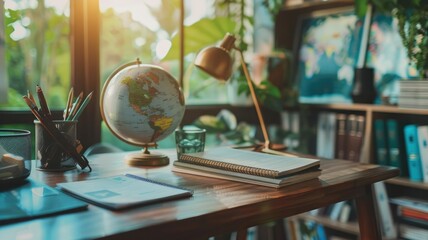 Home office desk setup with globe - A well-organized home office desk with a globe, lamp, notebook, and greenery in a tranquil daylight setting