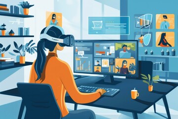 Virtual reality experience with digital interface - An individual explores a simulated environment using virtual reality, indicating a blend of technology and imagination