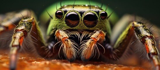 A detailed close-up of a vibrant green jumping spider, showcasing its intricate features and eyes.