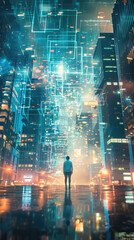 Futuristic city with neon light trails - A person standing amidst cyberpunk cityscape with illuminated digital patterns and skyscrapers at night