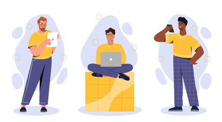 People with gadgets set. Men with tablet, laptop and smartphone. Modern technologies and innovations. Guys with devices. Cartoon flat vector collection isolated on white background