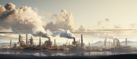 Double exposure of oil refinery at night. Oil and gas concept.