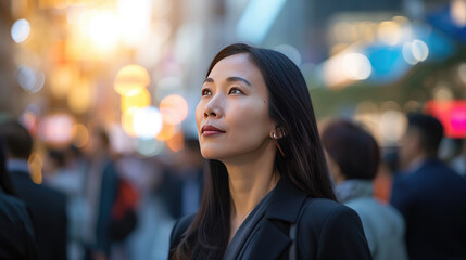 Obraz premium Asian female executive in the middle of a busy street at dusk against the backdrop of a contemporary office environment, looking towards the sky, imagining future business success