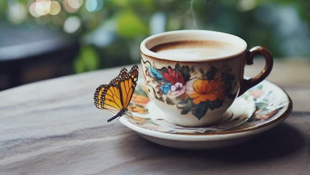 cup of coffee on table with butterfly. seamless looping time-lapse animation video background