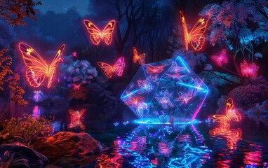 Obraz premium Butterflies floating over a lake light neon glowing on night sky background. for template graphic design artwork. copy text space.