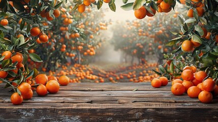 Empty wood table with free space over orange trees, orange field background