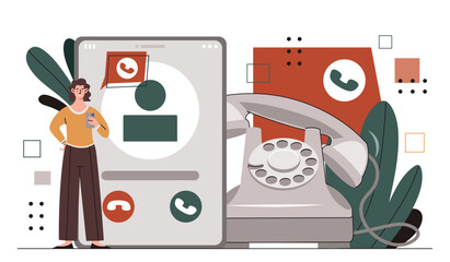 Woman with landline phone. Young girl with old style telephone. Distance communication and connection. Character with call. Cartoon flat vector illustration isolated on white background