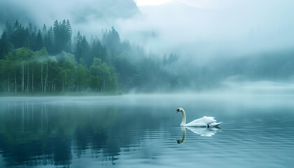 A swan glides peacefully on a misty lake with a forest in the background