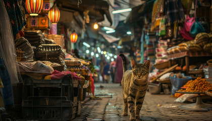 Fototapeta na wymiar A cat walks confidently down the cobblestone path of a bustling market street at night