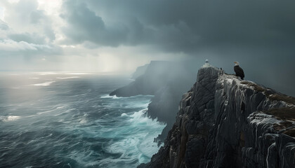 A solitary eagle sits perched on a rocky cliff with a lighthouse in the background, overlooking a stormy sea as sunlight breaks through the clouds - Powered by Adobe