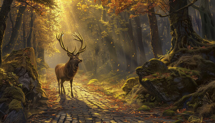 A stag stands on a cobblestone path amidst a golden forest bathed in morning sunlight
