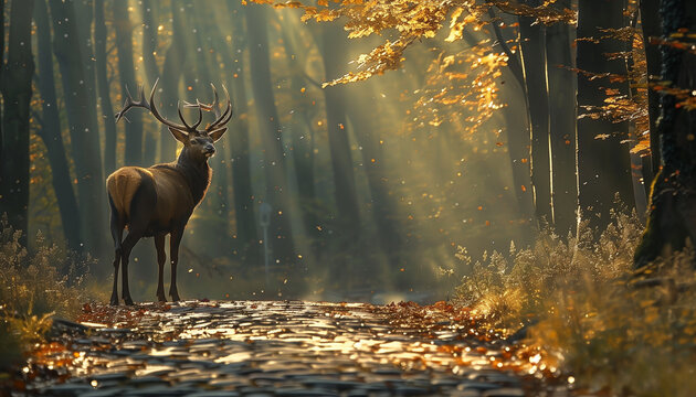 A deer stands on a sunlit path in a misty autumn forest