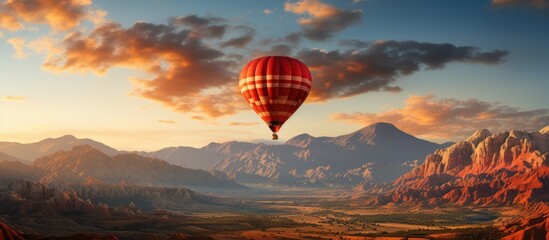 Hot air balloon flying over the mountains.