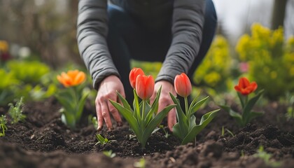 person planting red tulips in garden soil spring gardener  - obrazy, fototapety, plakaty