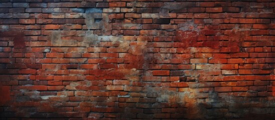 A red brick wall stands starkly against a deep black background. The walls texture and color contrast sharply with the darkness behind it, creating a bold visual impact.