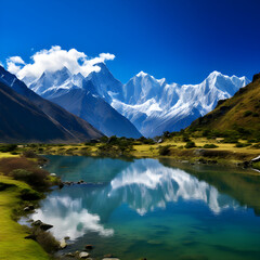 Spectacular Panorama of Untouched Wilderness: Lake, Foliage, and Snow-Capped Mountains