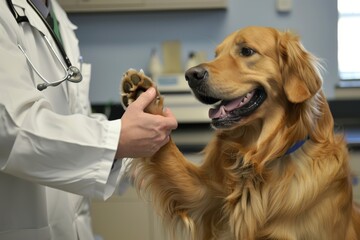 Golden retriever gives paw to veterinarian