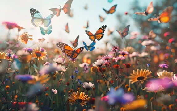 Fototapeta Beautiful butterfly butterflies full of vibrant colored summer scene background. for template graphic design artwork. presentation. advertisement. invitation. copy text space.