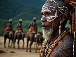 Wise Tribal Elder with Traditional Paint and Horsemen in the Distance