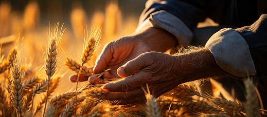 Farmer working in a wheat field. Close-up of male hands touching golden ears of wheat.