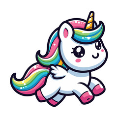 Cute unicorn cartoon character vector illustration, happy adorable magic unicorn with rainbow mane and tail design template isolated on white background