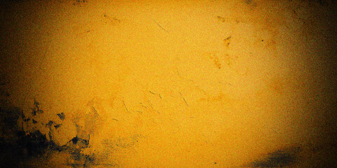 Yellow trendy grainy cement grunge textured background. Gold amber noise cracks wall. Old vintage wide backdrop design banner
