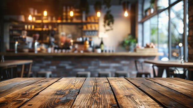 Empty wooden table top with blurred coffee shop interior background