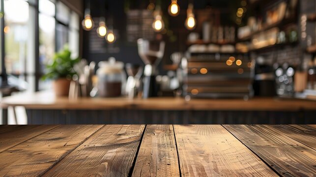 Empty wooden table top with blurred coffee shop interior background