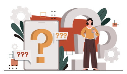 Fototapety  Woman with question mark problem. Young girl looking for information and knowledge. Frequently asked questions. User with guide or manual, instruction. Cartoon flat vector illustration