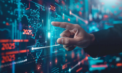 Businessman holding growth graph a year 2025 of business and data analysis. Development to success in year 2025.