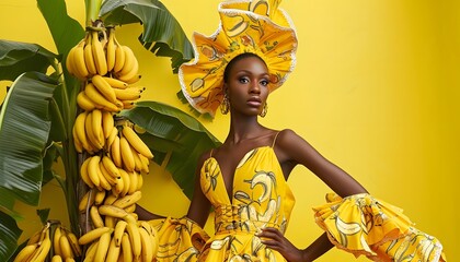 black woman wearing bright yellow banana dress tropical exotic fashion summer