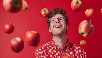man laughing smiling surrounded by apples red apple theme fruit healthy 