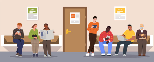 People searching job. Men and women sitting near office door. Jobless guys and girls, candidates at vacancy. Recruitment and headhunting to company. Cartoon flat vector illustration