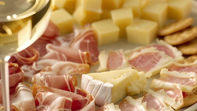 A plate of charerie and cheese carefully arranged with slices of prosciutto creamy brie and crunchy crackers. In the center a gl of white wine stands tall ready to be paired