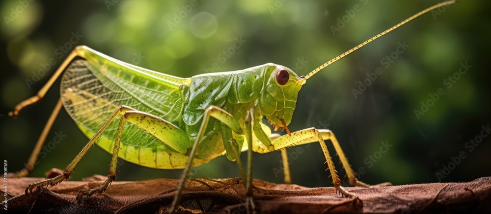 Canvas Prints A close-up view of a grasshopper perched on a branch, blending seamlessly with its surroundings. The intricate details of the grasshoppers body and the texture of the branch are clearly visible.