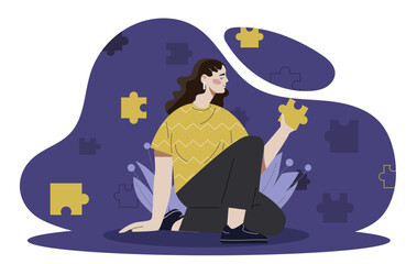 Woman with self healing. Young girl with yellow puzzles. Mental health and psychology. Awareness and mindfulness. Inner peace. Cartoon flat vector illustration isolated on white background