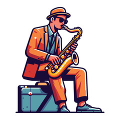 Naklejka premium Musician playing saxophone, music player performing solo, holding sax instrument in hands, man saxophonist, jazz and blues performance. Flat vector illustration isolated on white background