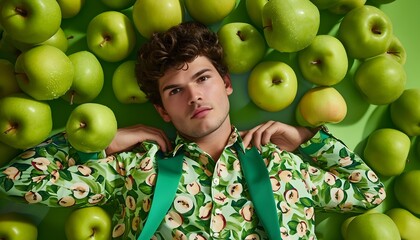 man with a green apples theme healthy fruit background full of green apples fruit pattern clothing light green 