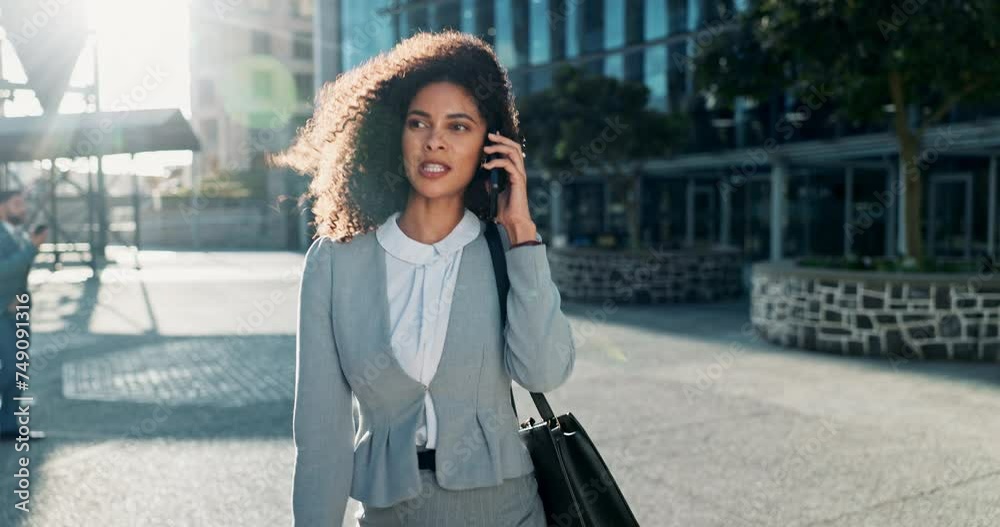 Wall mural Woman, walking and smile in phone call in town with confidence, smile and conversation for business. Lens flare, corporate and female person on break with discussion in street, city and outdoor.