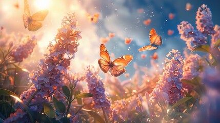 Floral spring natural landscape with wild pink lilac flowers on meadow and fluttering butterflies on blue sky background