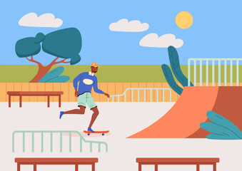 Man in skateboard park. Active lifestyle and leisure. Young guy at skate resting at nature. Urban infrastructure. Character with extreme sports. Cartoon flat vector illustration
