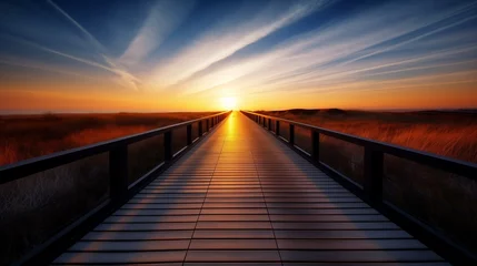 Photo sur Plexiglas Descente vers la plage Serene Sunrise View on a Wooden Boardwalk by the Beach with Stunning Sky