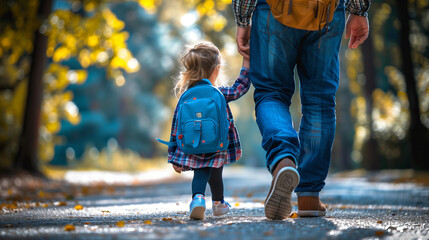 A parent and a pupil of primary school go hand in hand. Father and girl with backpack behind the back. Beginning of lessons. First day of school - obrazy, fototapety, plakaty