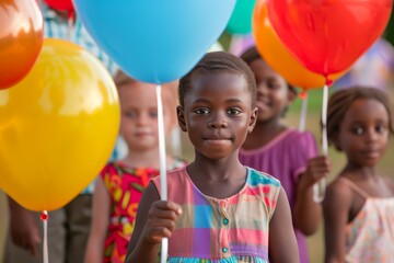 Happy African Girl Holding Balloons at a Colorful Outdoor Birthday Party with Friends