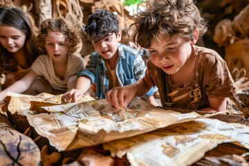 Group of Children Engaged in Exploration with Old Treasure Map in Rustic Setting